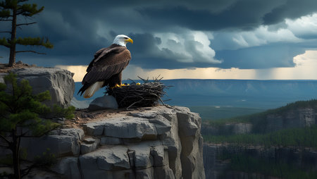 Bald Eagle sitting in a nest on top of a cliff.の素材