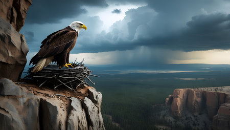 Bald Eagle sitting in a nest on top of a cliff.の素材