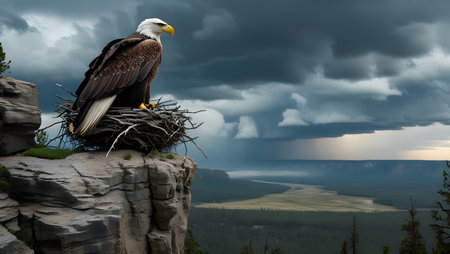 Bald Eagle (Haliaeetus leucocephalus) perched on a nest in Yellowstone National Park, Wyoming.の素材
