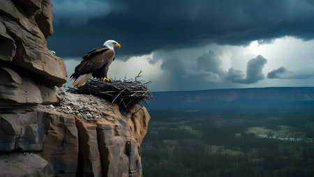 Bald Eagle (Haliaeetus leucocephalus) sitting in a nest on top of a cliff.の素材