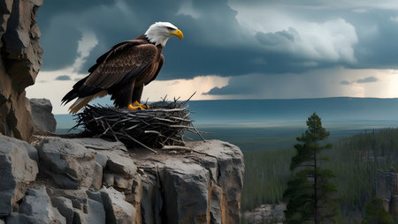 Bald Eagle in the nest on the cliff. 3d renderの素材