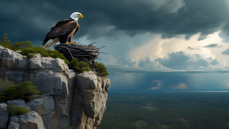 Bald Eagle sitting on a nest on a cliff in the wildの素材
