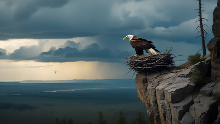 Bald Eagle sitting on a nest on top of a cliff.の素材