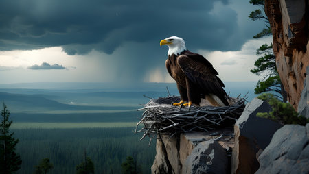 Bald Eagle in nest on top of rock with stormy skyの素材