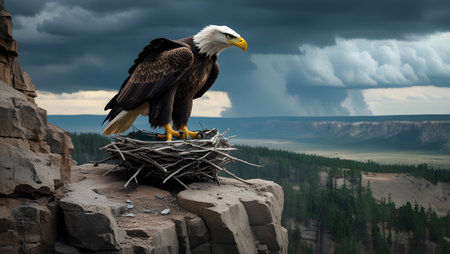 Bald Eagle in the nest on the rock. 3d illustrationの素材