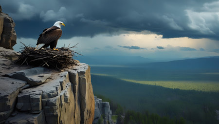 Bald Eagle sits in a nest on top of a rock.の素材