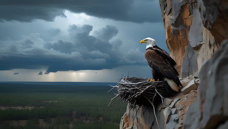 Bald Eagle sitting in nest on rock with stormy sky backgroundの素材