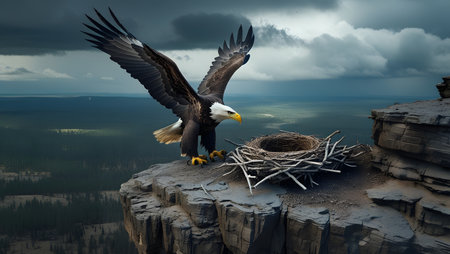 Bald Eagle and nest on the rock. 3D render.の素材