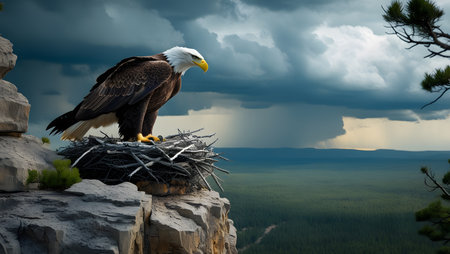 Bald Eagle sitting on a nest in the mountains. 3d renderの素材