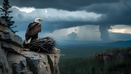 Bald Eagle sitting on a nest on top of a rock in the mountainsの素材