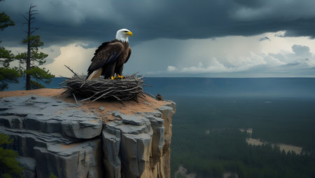 Bald Eagle perched on a nest on top of a cliff.の素材