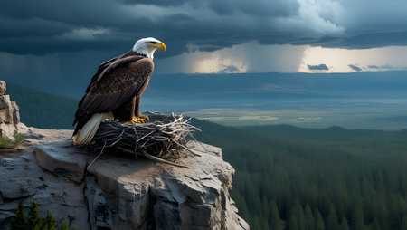 Bald Eagle sitting on the top of a rock with a nestの素材