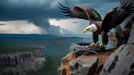 Bald Eagle sitting on a nest in the mountains. 3d renderの素材