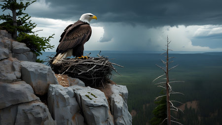 Bald Eagle (Haliaeetus leucocephalus) sitting in a nest on top of a rock.の素材