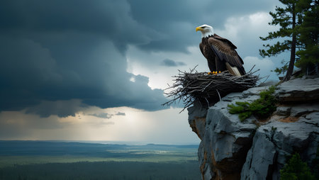Bald Eagle nest on cliff above misty valley. 3D Renderingの素材