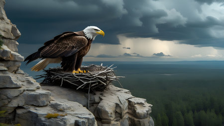 Bald Eagle sitting on a nest on a rock in the wildの素材