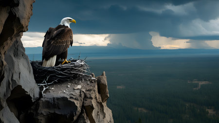 Bald Eagle in nest on rock with stormy sky background.の素材