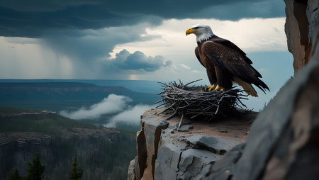 Bald Eagle sits on a nest in the mountains with stormy skyの素材