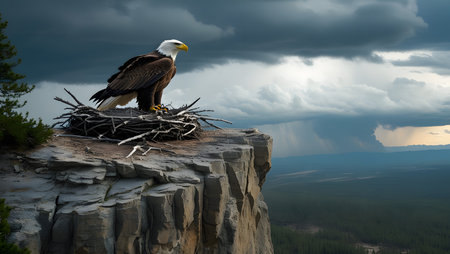 Bald Eagle in the nest on the top of a rock.の素材