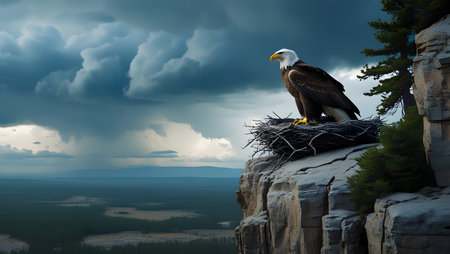 Bald Eagle sitting on a nest in the mountains with stormy skyの素材