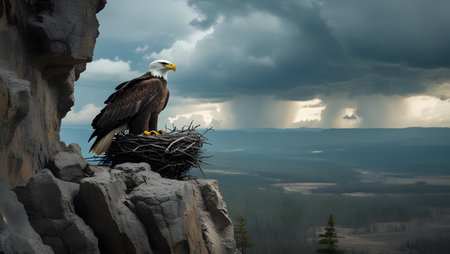 Bald Eagle in the nest on the rock with stormy skyの素材