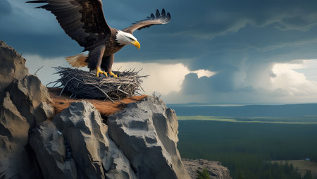 Bald Eagle in the nest on the rock. 3d renderの素材