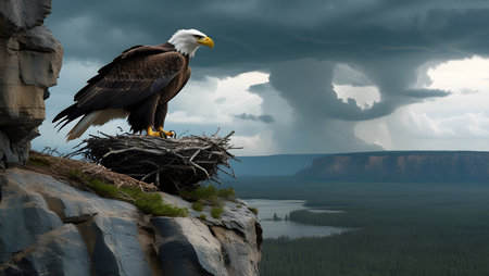 Bald Eagle sitting in a nest on a rock with stormy backgroundの素材