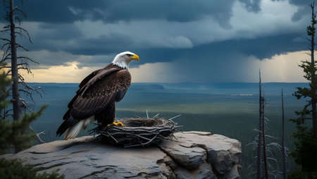 Bald Eagle (Haliaeetus leucocephalus) sitting on top of a nest.の素材
