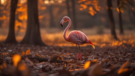 Pink flamingo standing in the forest at sunset, Phoenicopterus ruberの素材