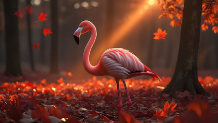 Flamingo in the autumn forest. 3d render illustration.の素材