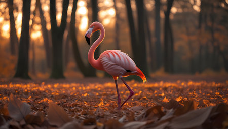 Flamingo in the autumn forest at sunset. 3d renderingの素材