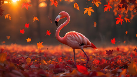 Flamingo in the autumn forest with fallen leaves. 3d renderingの素材