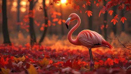 Flamingo in the autumn forest. 3d render illustration.の素材
