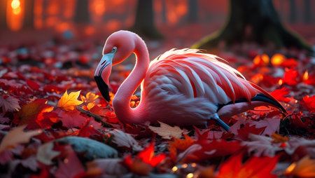 Flamingo, in the autumn, forest, with fallen leaves, in the, background,の素材