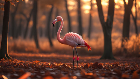 Pink flamingo in the autumn forest at sunset. Wildlife scene from nature.の素材