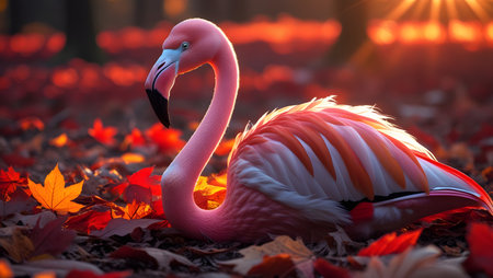 Flamingo in the autumn park. Beautiful flamingo at sunset.の素材