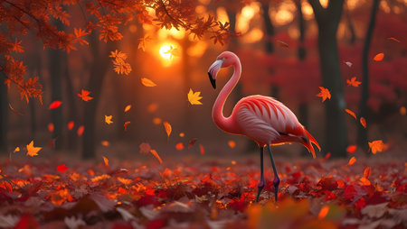 Flamingo in the autumn forest. 3d render. Beautiful scene.の素材