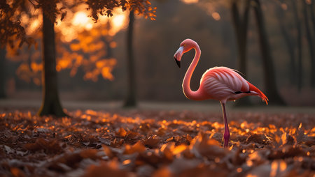 Pink flamingo in the autumn forest at sunset. Beautiful pink flamingo.の素材