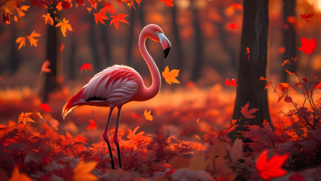 Pink flamingo in the autumn forest. 3D render. Red leaves.の素材
