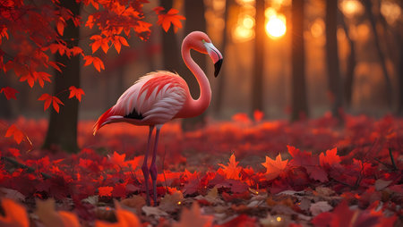 Flamingo in the autumn forest on a background of maple leavesの素材