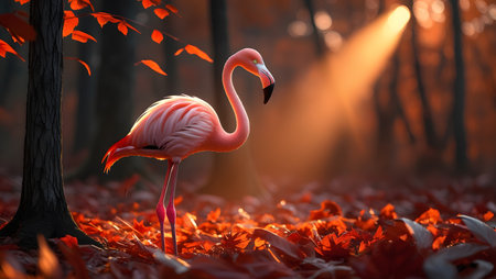flamingo in the autumn forest. 3d render. soft focusの素材