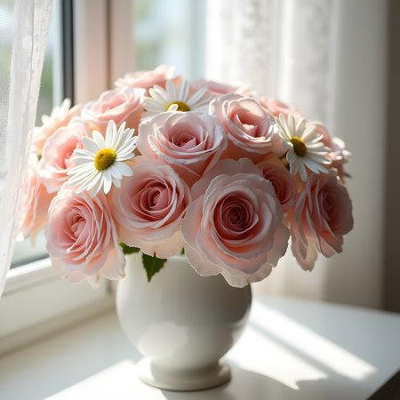 Bouquet of pink roses and daisies on the windowsillの素材