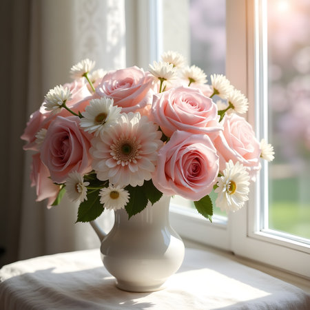 Bouquet of pink roses in a vase on the windowsillの素材
