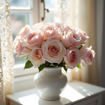 Bouquet of pink roses in a vase on the windowsillの素材