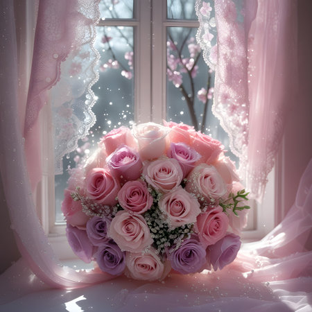 Bridal bouquet of pink roses on the windowsill.の素材