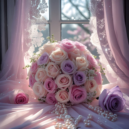 Wedding bouquet of pink roses and pearls on the windowsillの素材