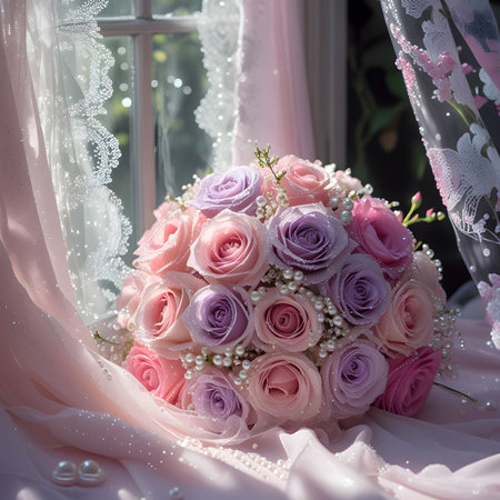 wedding bouquet of pink roses and white lace on the windowsillの素材