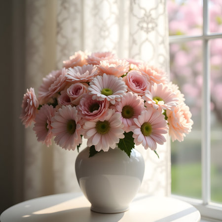 Bouquet of beautiful pink chrysanthemums in vase on window sillの素材