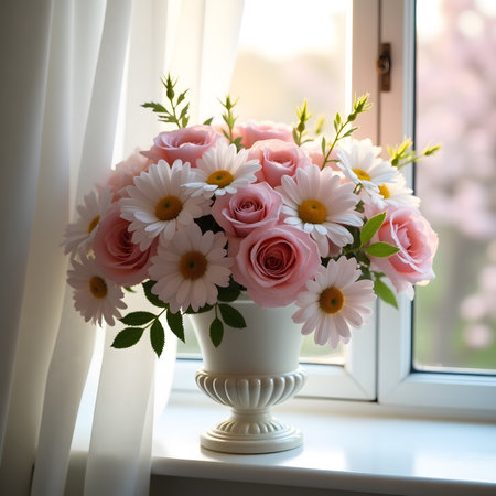 Bouquet of pink and white flowers in a vase on the windowsillの素材