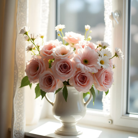 Bouquet of pink roses in a vase on the windowsillの素材
